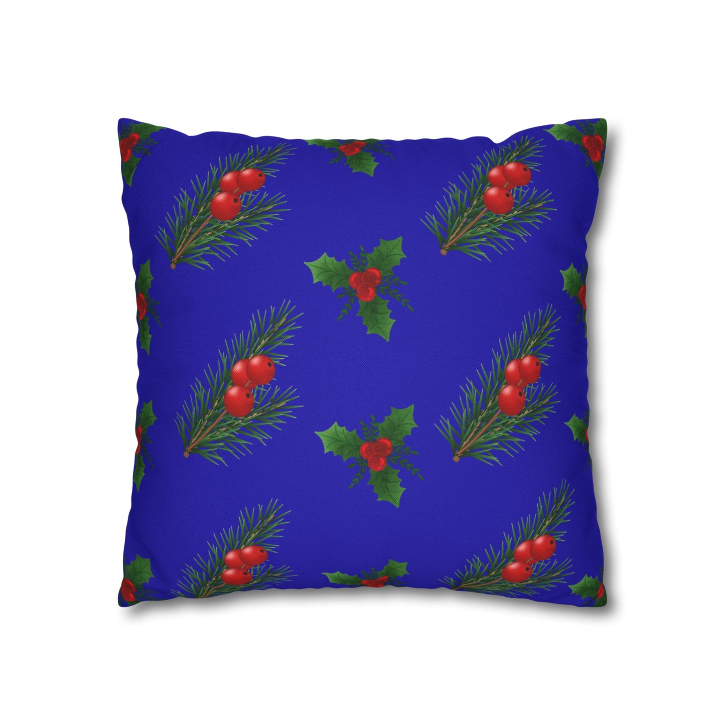Holiday Holly & Pine Square Pillowcase — Festive Blue Christmas Throw Pillow Cover