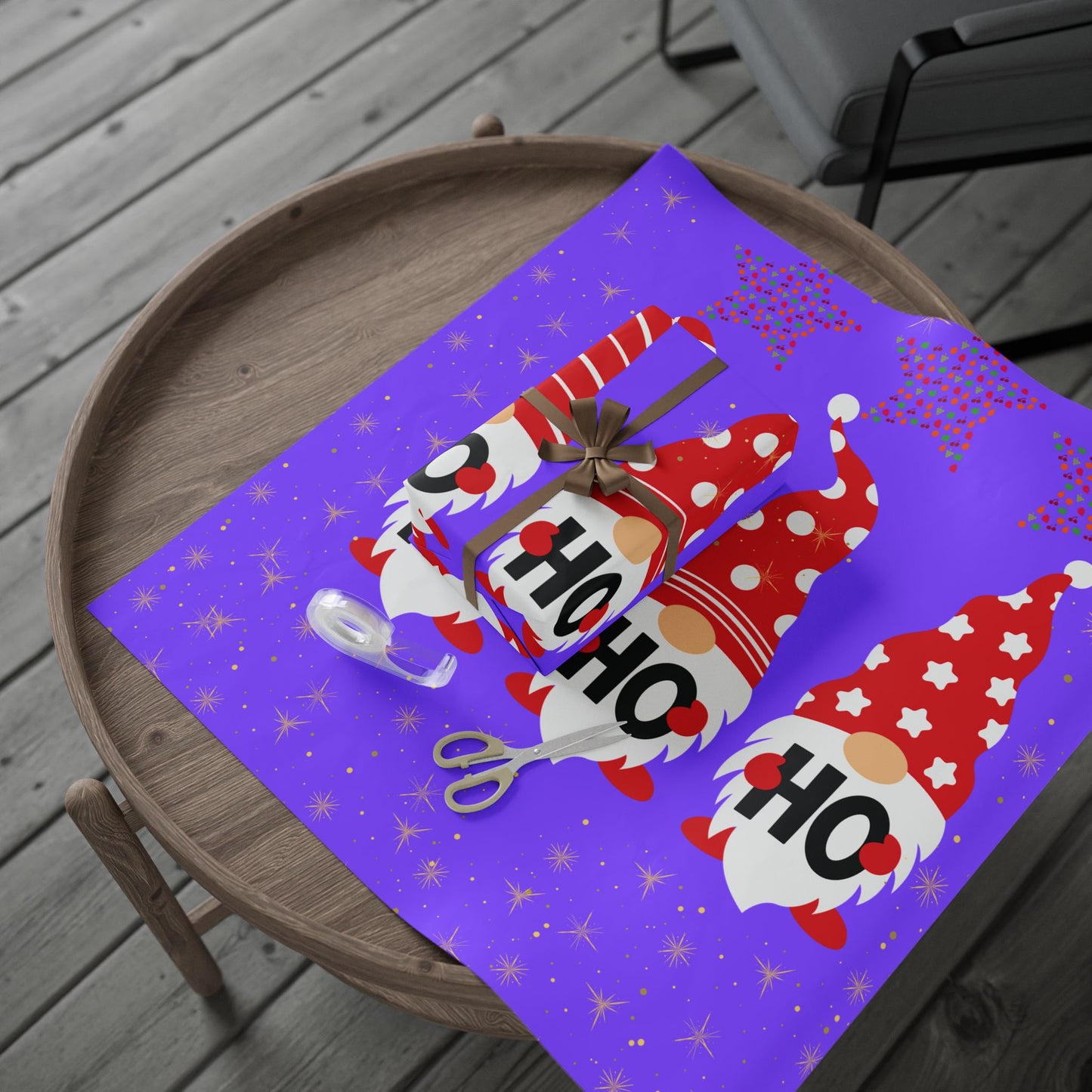 Festive Wrapping Paper with Gnomes & Stars, Holiday Gift Wrap, Christmas, Birthdays, DIY Crafts, Party Supplies, Ho Ho Ho Design