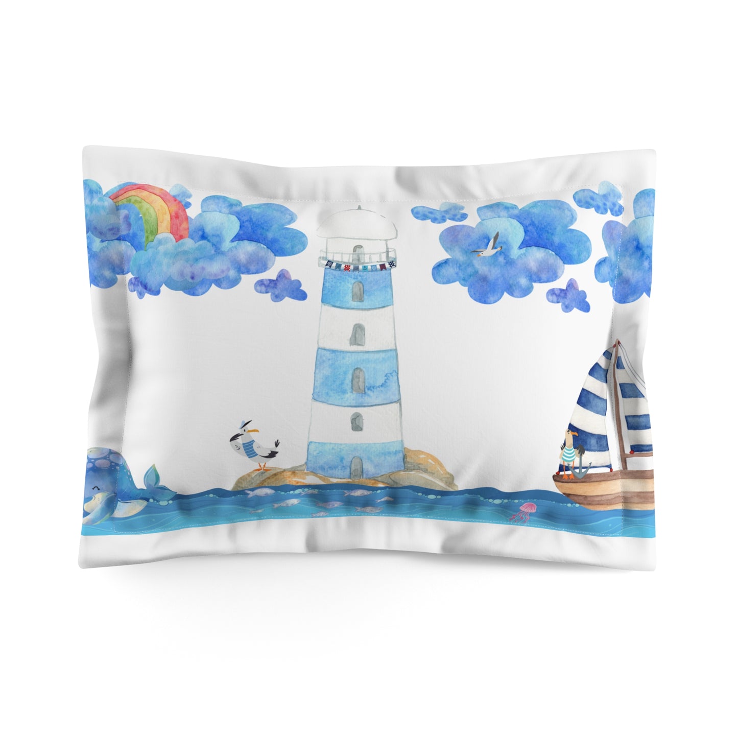 Whimsical Coastal Pillow Sham, Nautical Home Decor, Beach House Bedding, Lighthouse Design, Gift for Coastal Lovers