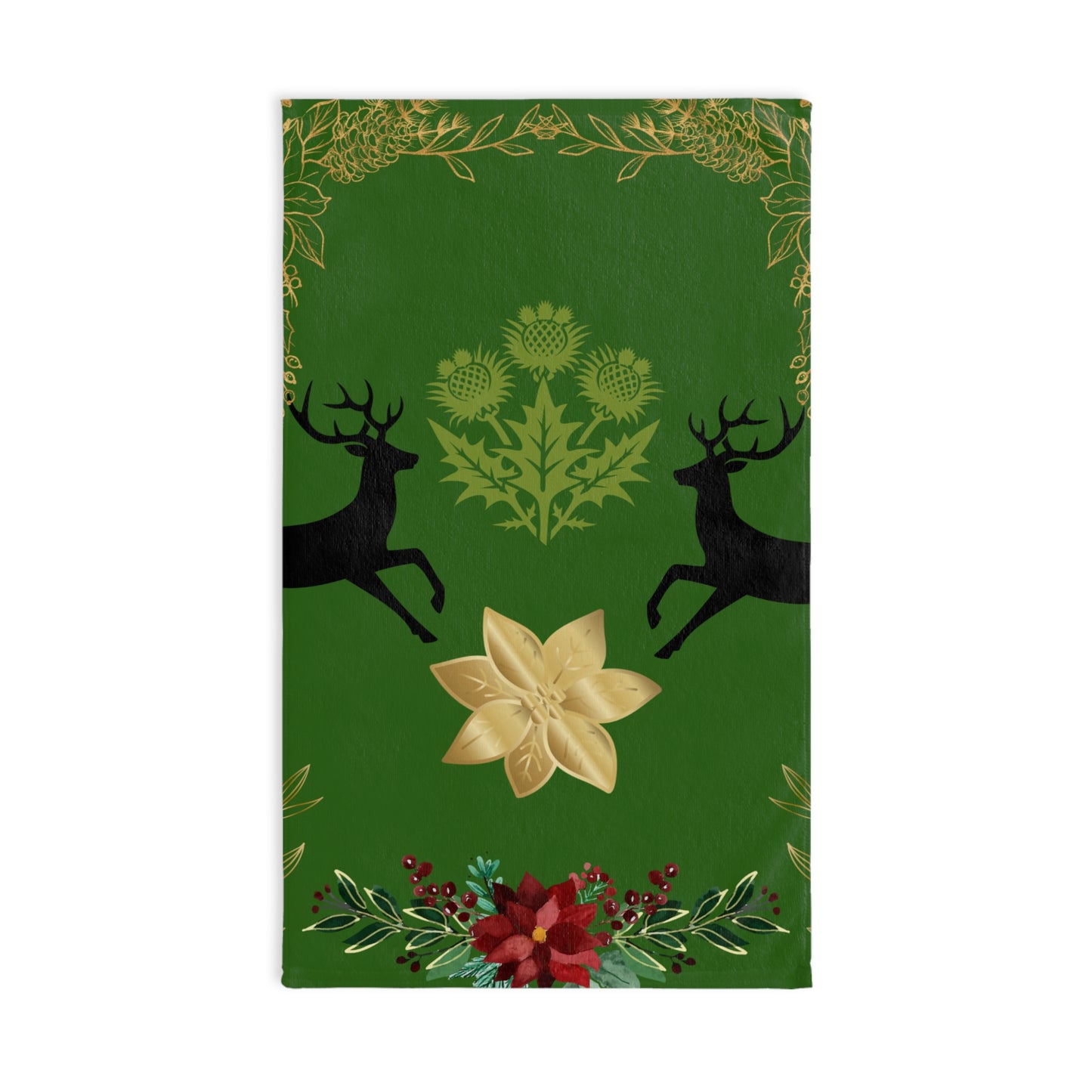 Christmas Reindeer & Poinsettia Hand Towel — Festive Green Holiday Kitchen Towel