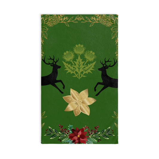 Christmas Reindeer & Poinsettia Hand Towel — Festive Green Holiday Kitchen Towel