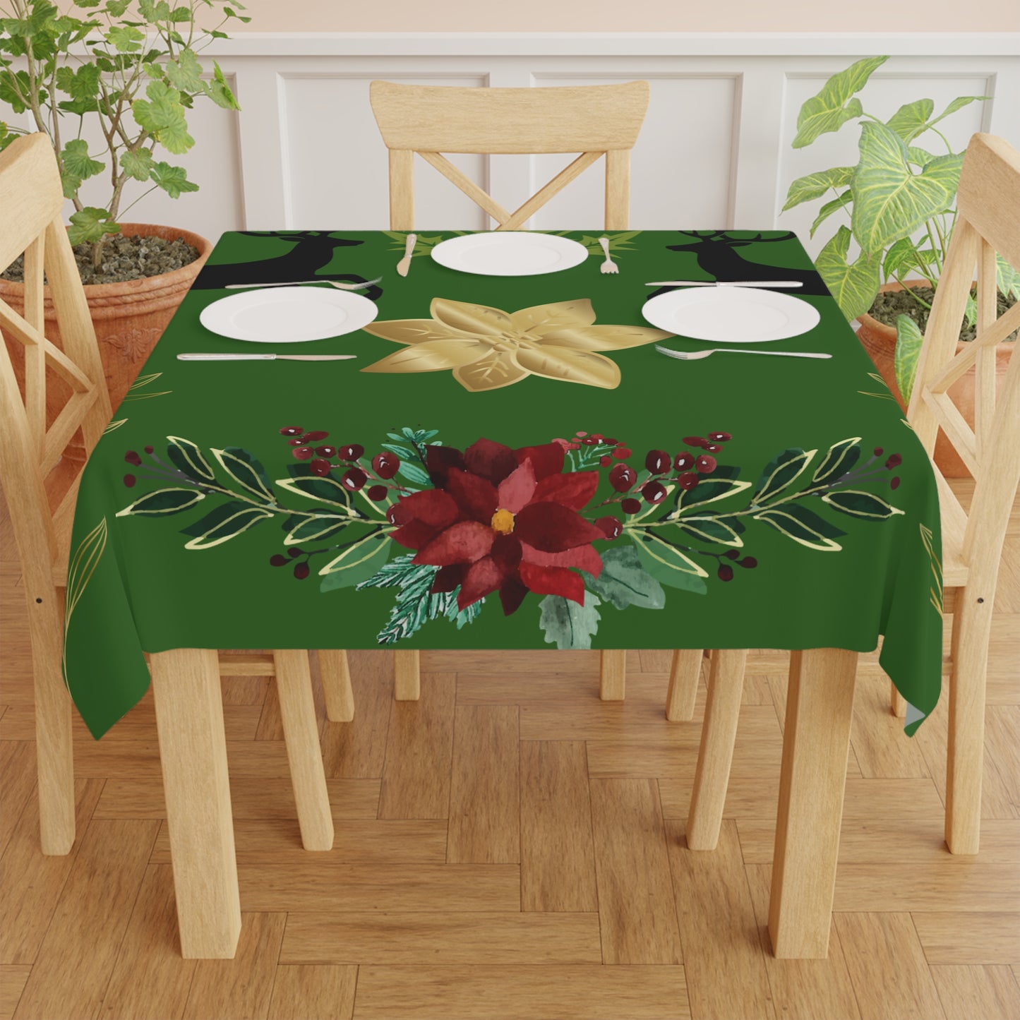 Green Holiday Tablecloth with Reindeer & Gold Poinsettia — Christmas Dining Decor