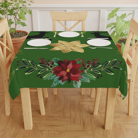 Green Holiday Tablecloth with Reindeer & Gold Poinsettia — Christmas Dining Decor