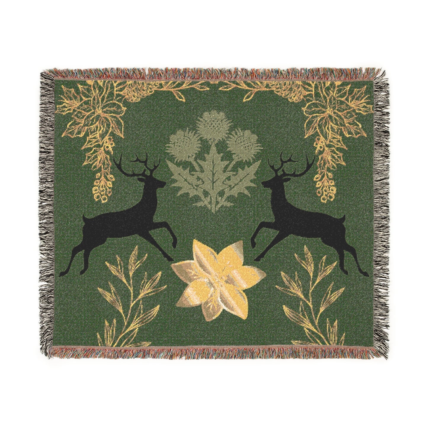 Nature-Inspired Woven Blanket with Floral and Deer Design