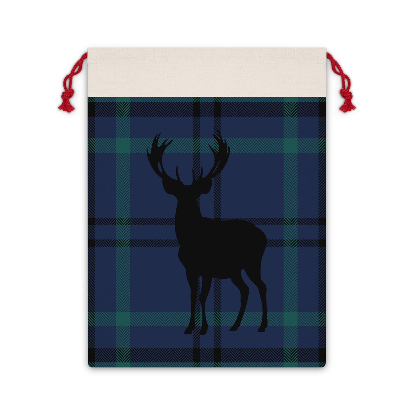 Plaid Deer Gift Bag — Blue Tartan Drawstring Holiday Favor Bag
