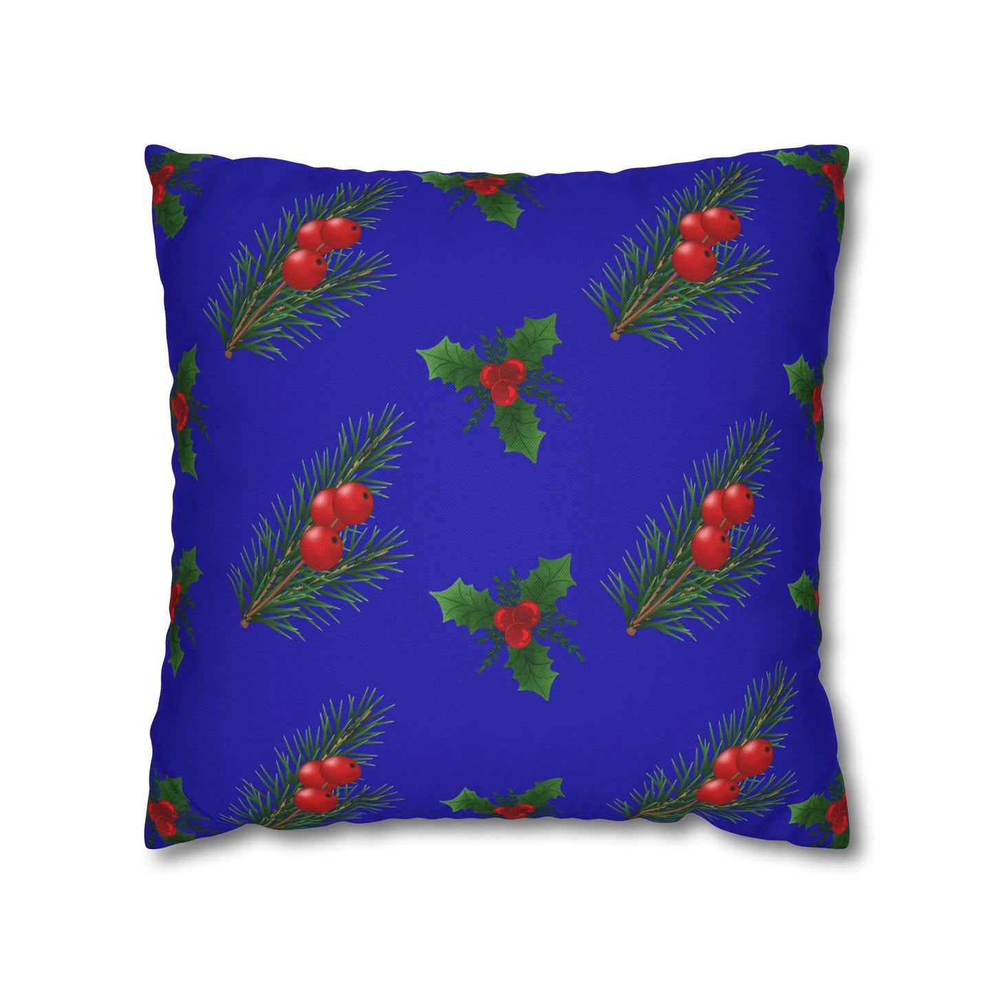 Holiday Holly & Pine Square Pillowcase — Festive Blue Christmas Throw Pillow Cover