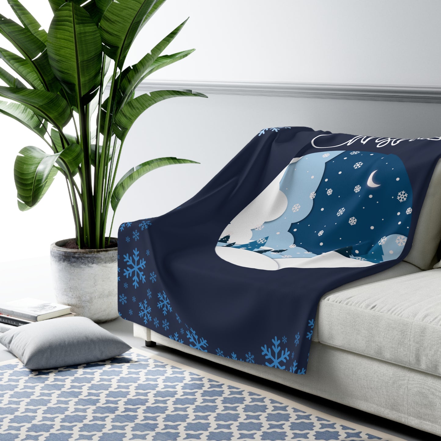 Cozy Christmas Sherpa Fleece Blanket, Holiday Gift, Winter Decor, Snowy Night Artwork, Warmth and Comfort for Home