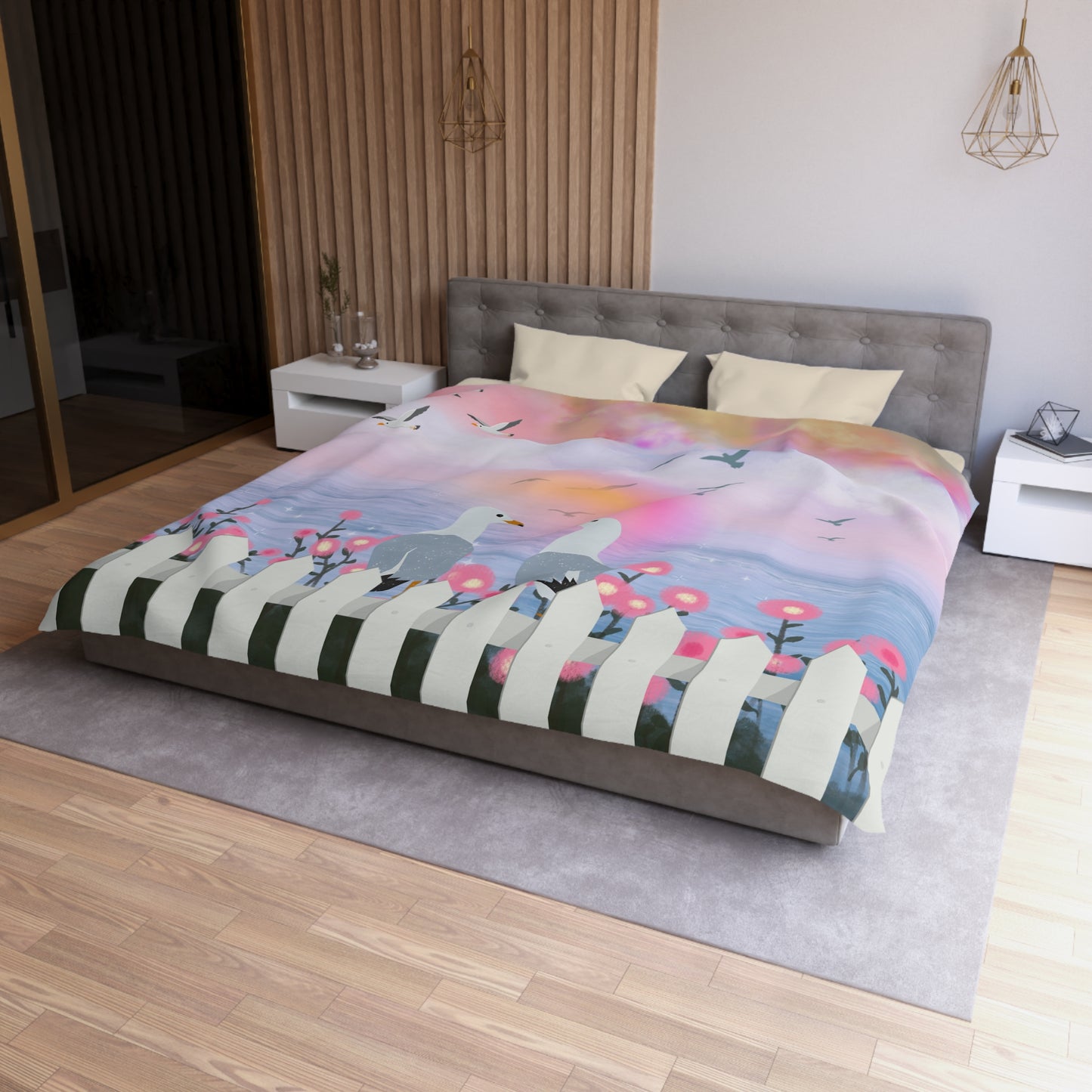 Serene Seagull Microfiber Duvet Cover, Beach Decor, Coastal Bedding, Nautical Bedroom, Pastel Bedspread, Gift for Sea Lovers