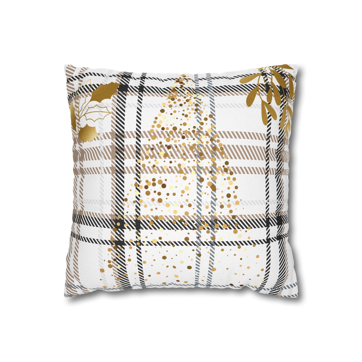 Gold Plaid Decorative Pillowcase — Plaid Throw Pillow Cover with Metallic Heart & Floral Accents