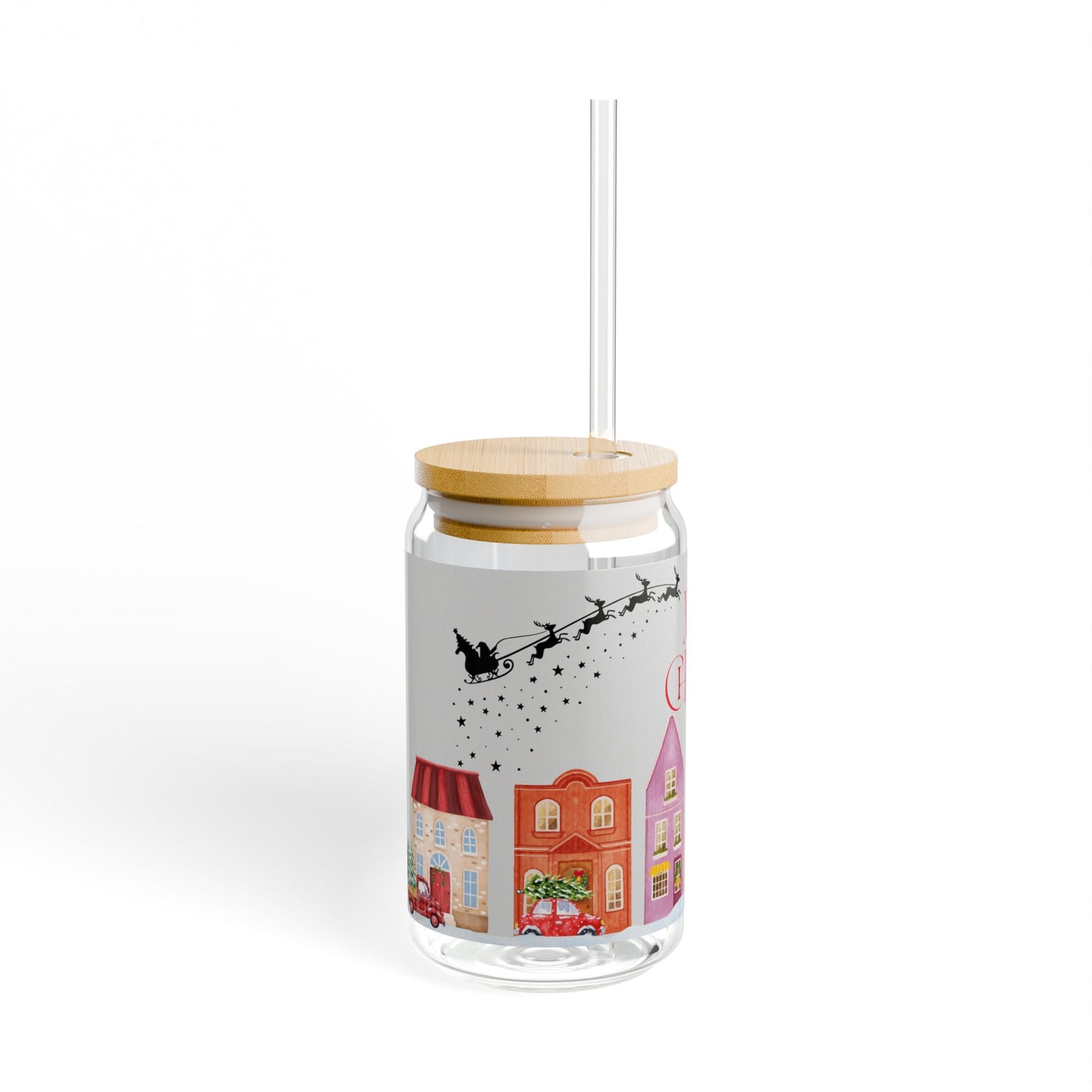 Festive Sipper Glass with Straw, Merry Christmas Holiday Drinkware, Unique Gift for Christmas, Cozy Kitchen Decor, 16oz Glass Tumbler