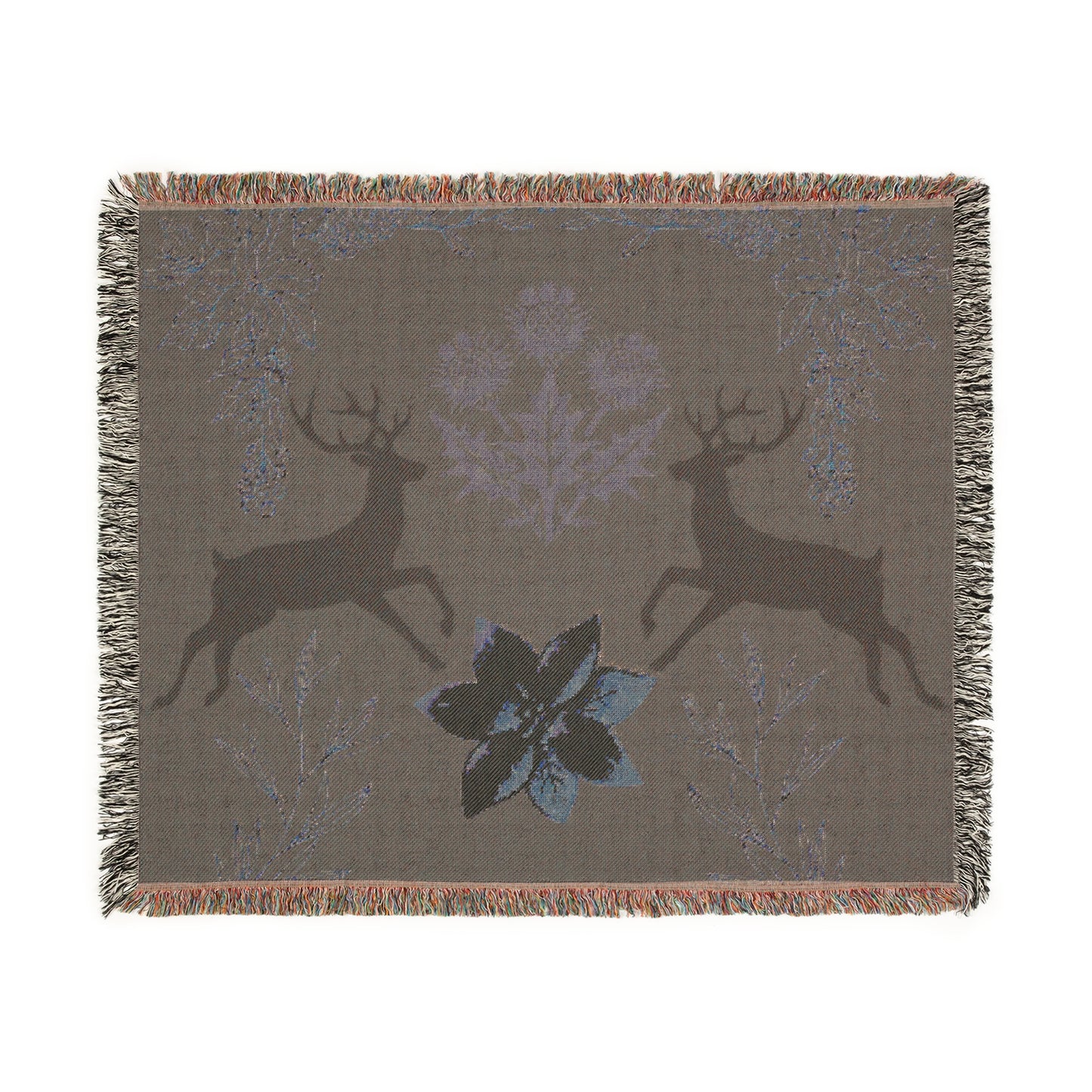 Nature-Inspired Woven Blanket with Floral and Deer Design