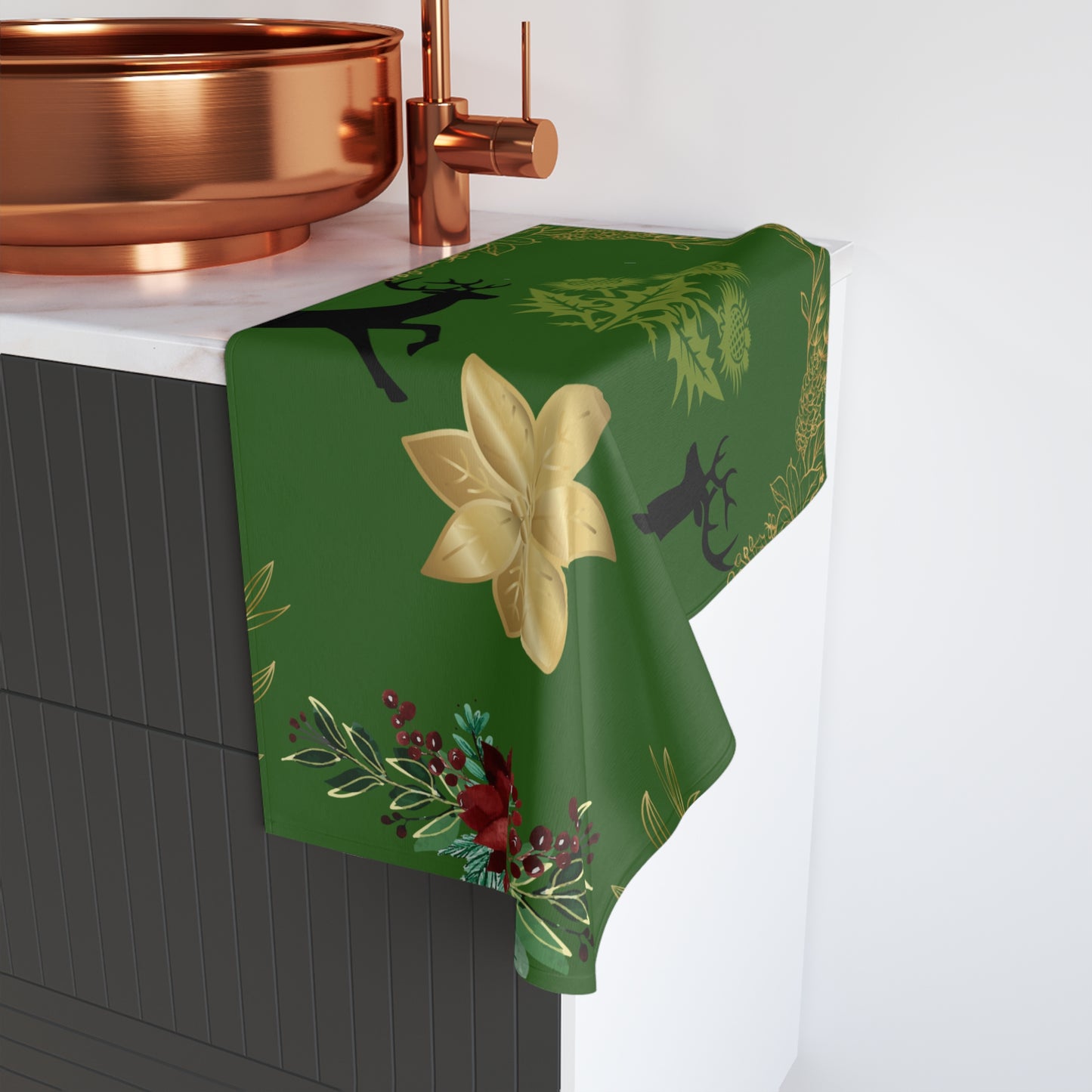 Christmas Reindeer & Poinsettia Hand Towel — Festive Green Holiday Kitchen Towel
