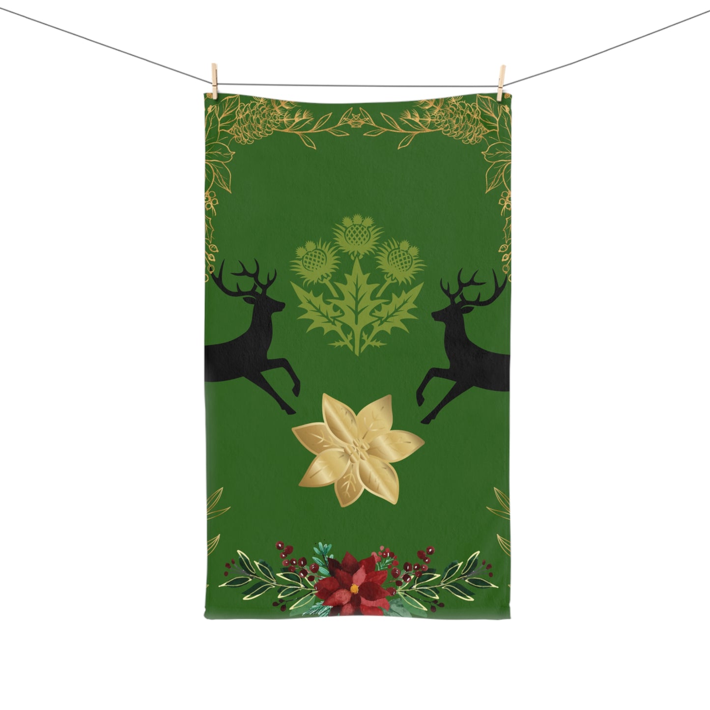 Christmas Reindeer & Poinsettia Hand Towel — Festive Green Holiday Kitchen Towel
