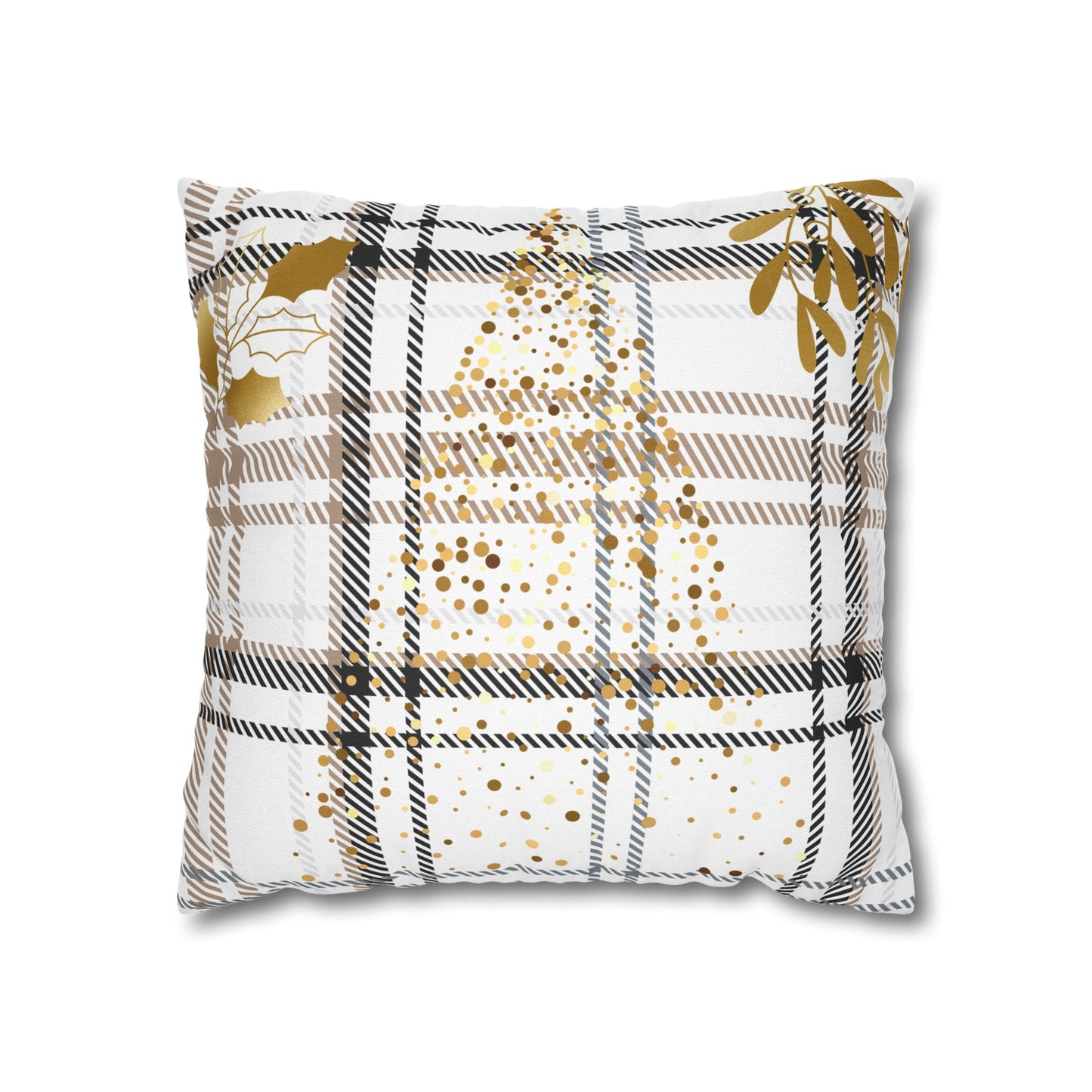 Gold Plaid Decorative Pillowcase — Plaid Throw Pillow Cover with Metallic Heart & Floral Accents