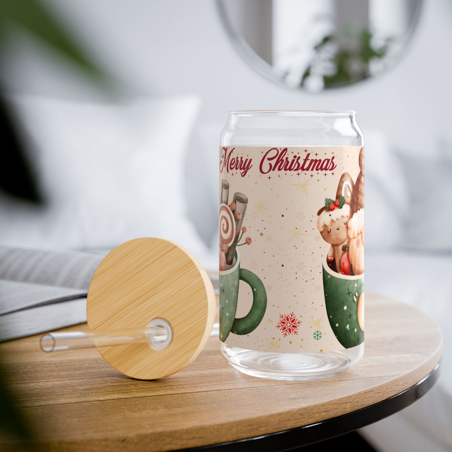 Festive Sipper Glass with Holiday Design, Christmas Drinkware, Cute Gift for Winter Parties, Holiday Decor, Eco-Friendly Beverage Container