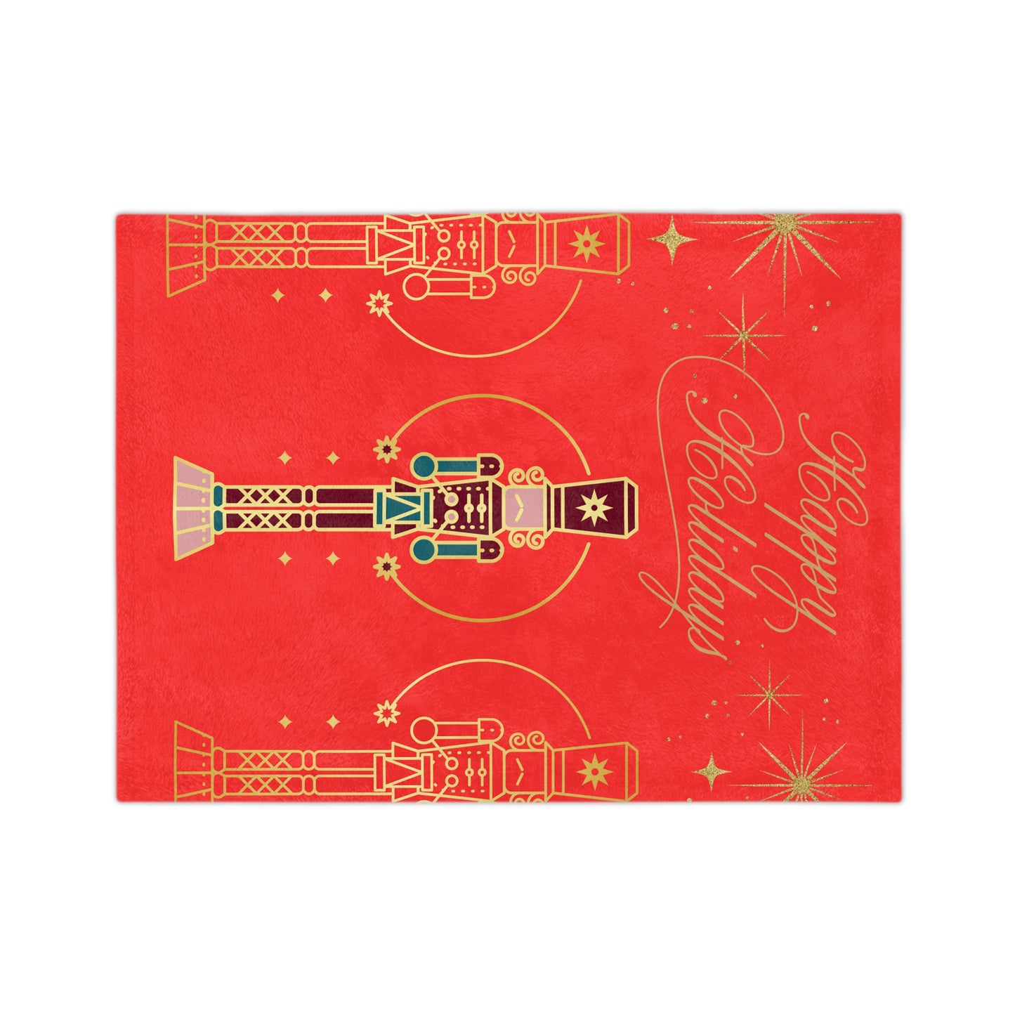Holiday Nutcracker Velveteen Throw Blanket — "Happy Holidays" Red Microfiber Blanket