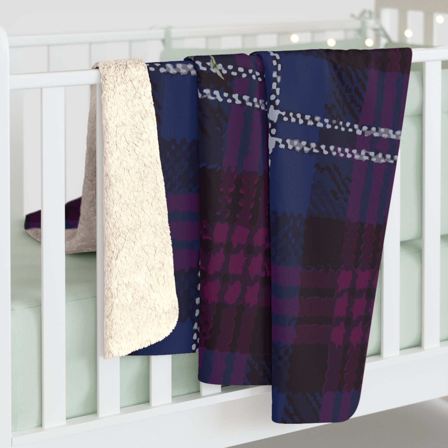 Plaid Floral Sherpa Blanket — Cozy Purple Tartan Throw with Berry Sprig