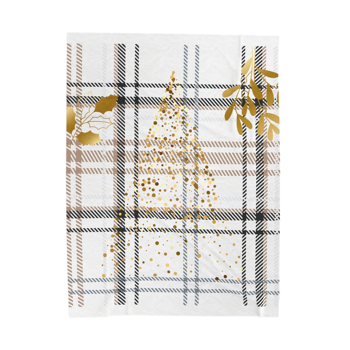 Plaid Gold Mistletoe Velveteen Plush Blanket — Holiday Cozy Throw