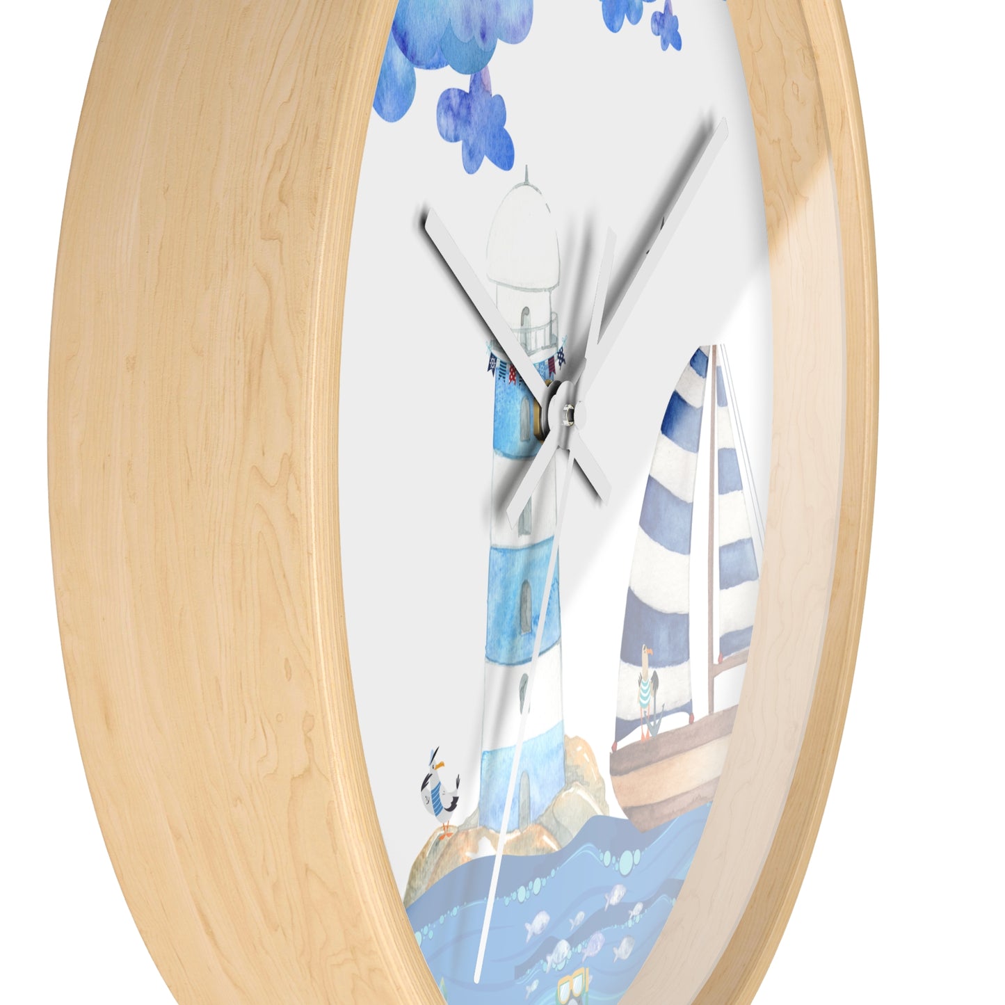 Nautical Wall Clock, Coastal Decor, Beach House Clock, Lighthouse Art, Sailboat Timepiece, Kid's Room Accent
