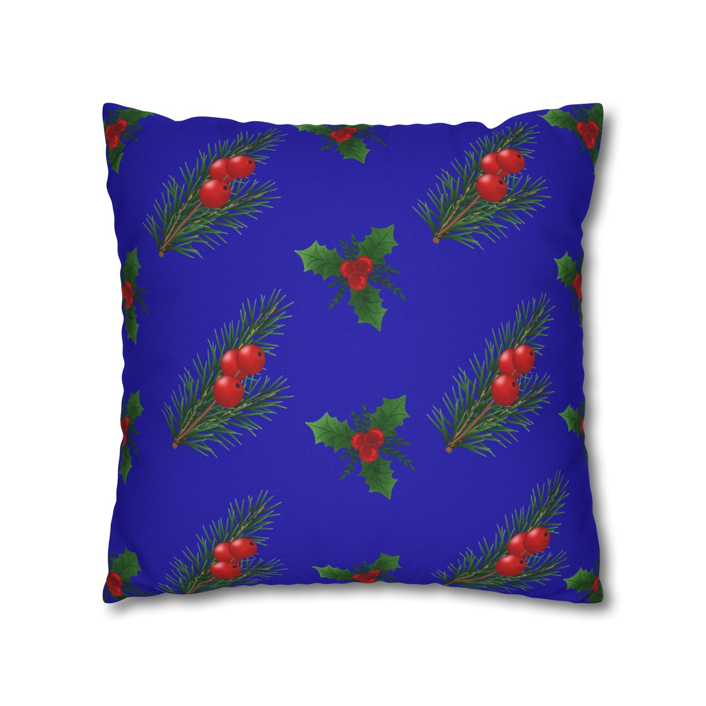 Holiday Holly & Pine Square Pillowcase — Festive Blue Christmas Throw Pillow Cover