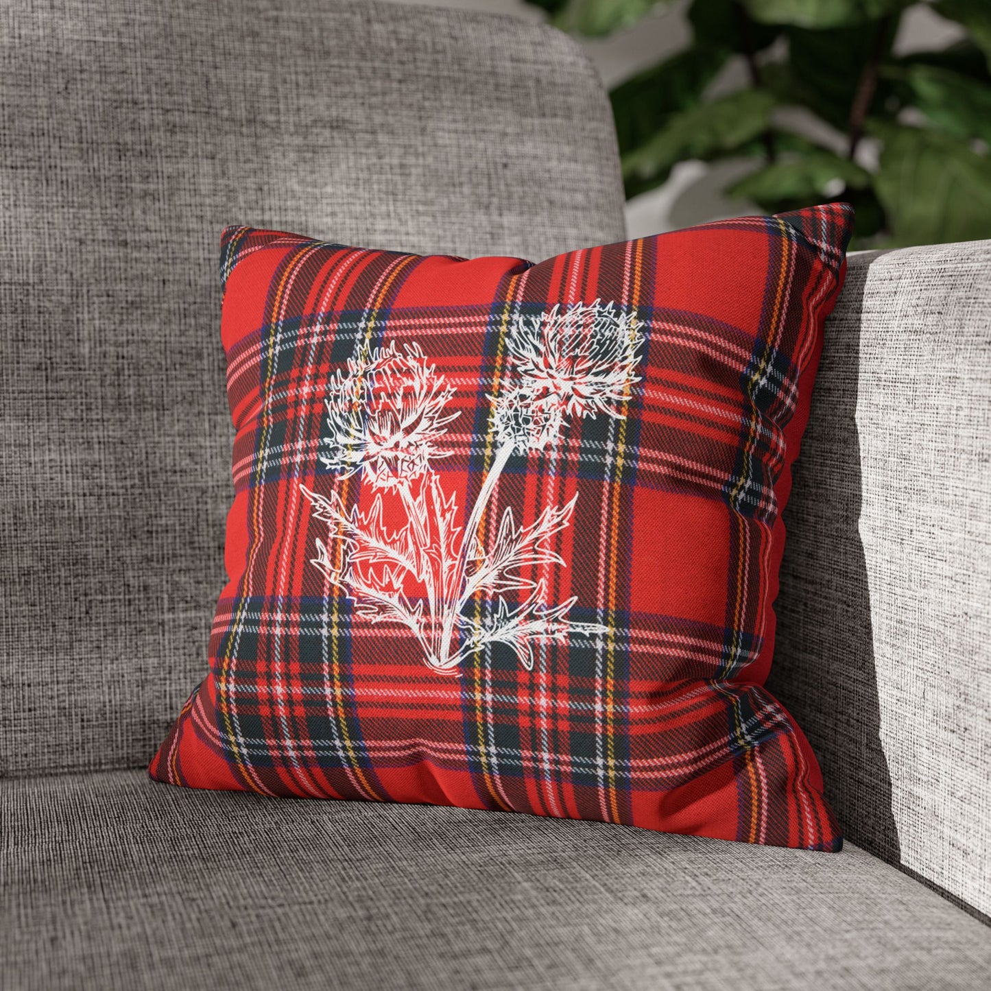 Red Tartan Thistle Pillowcase - Festive Plaid Decorative Throw Pillow Cover