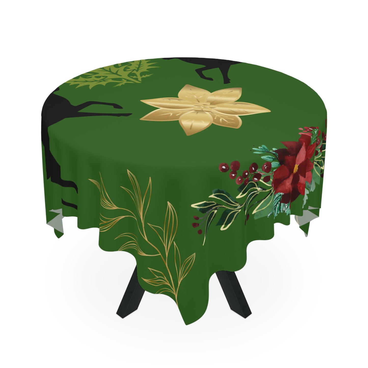 Green Holiday Tablecloth with Reindeer & Gold Poinsettia — Christmas Dining Decor