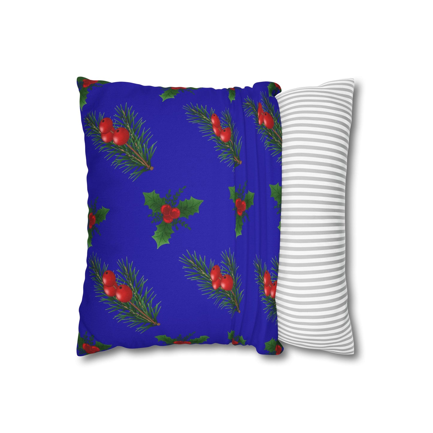 Holiday Holly & Pine Square Pillowcase — Festive Blue Christmas Throw Pillow Cover