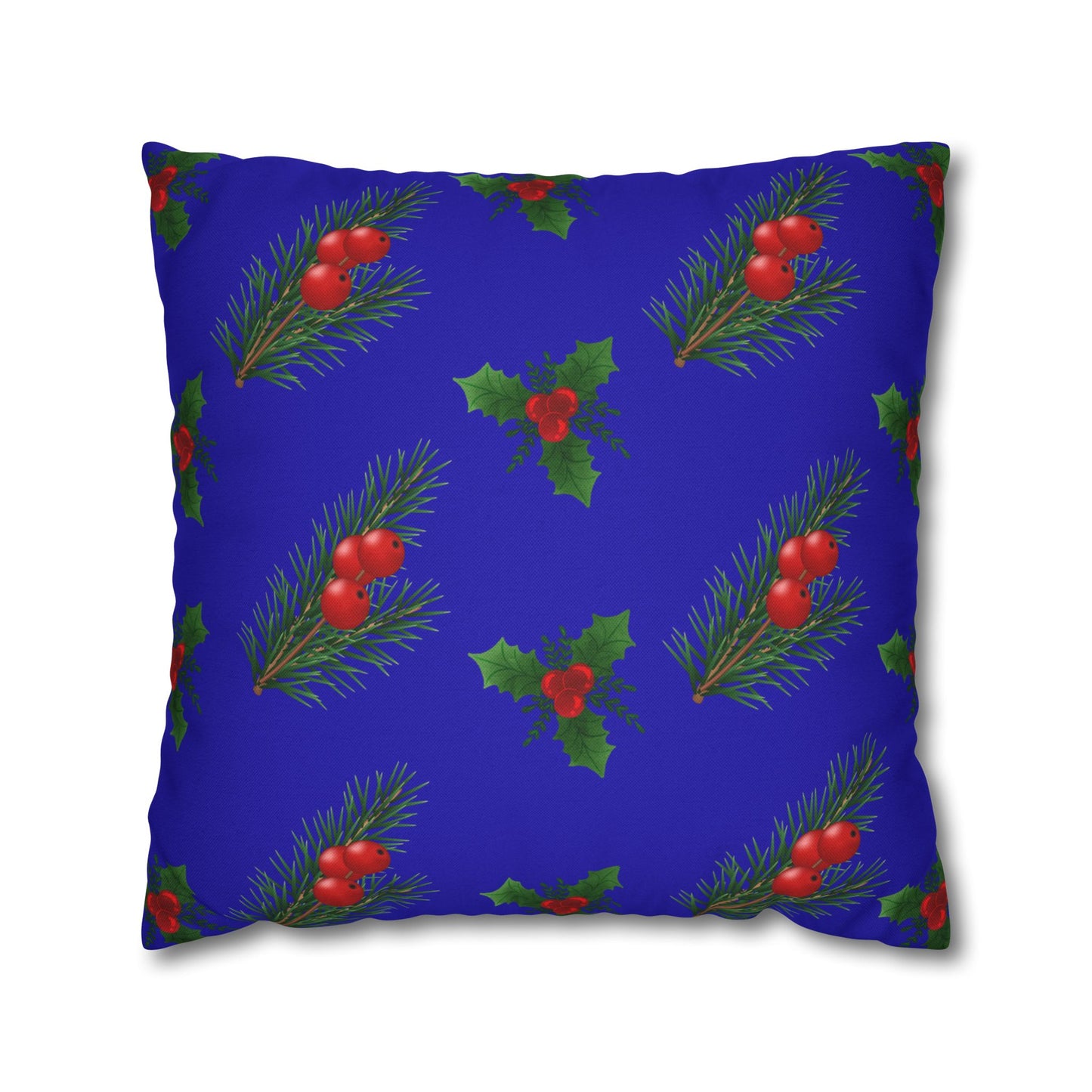 Holiday Holly & Pine Square Pillowcase — Festive Blue Christmas Throw Pillow Cover