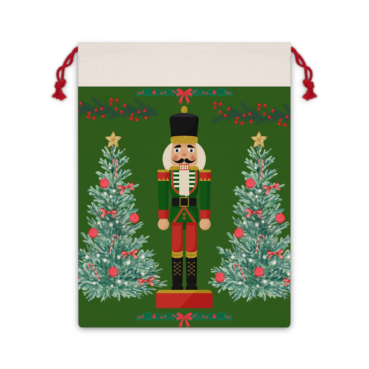 Nutcracker Christmas Gift Bag — Holiday Drawstring Present Sack