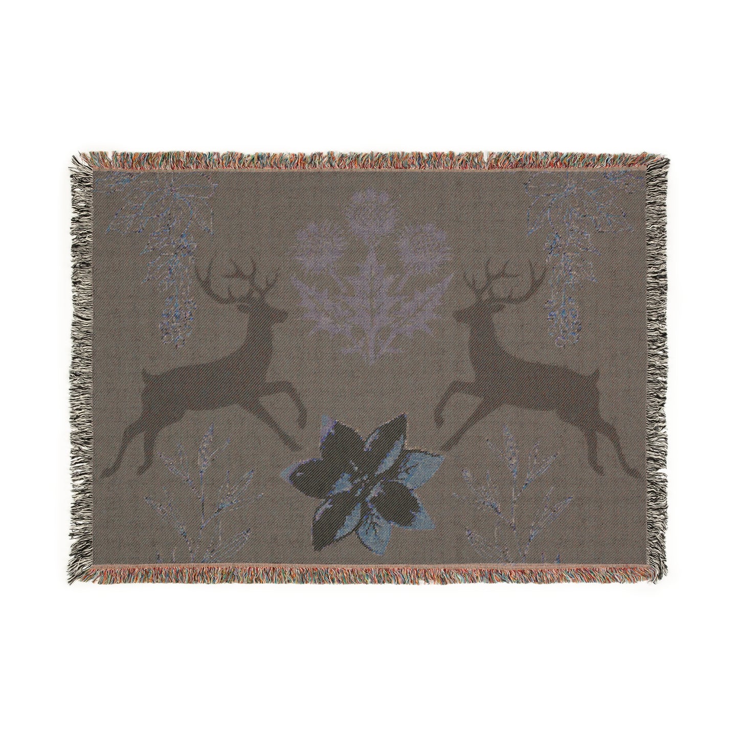 Nature-Inspired Woven Blanket with Floral and Deer Design