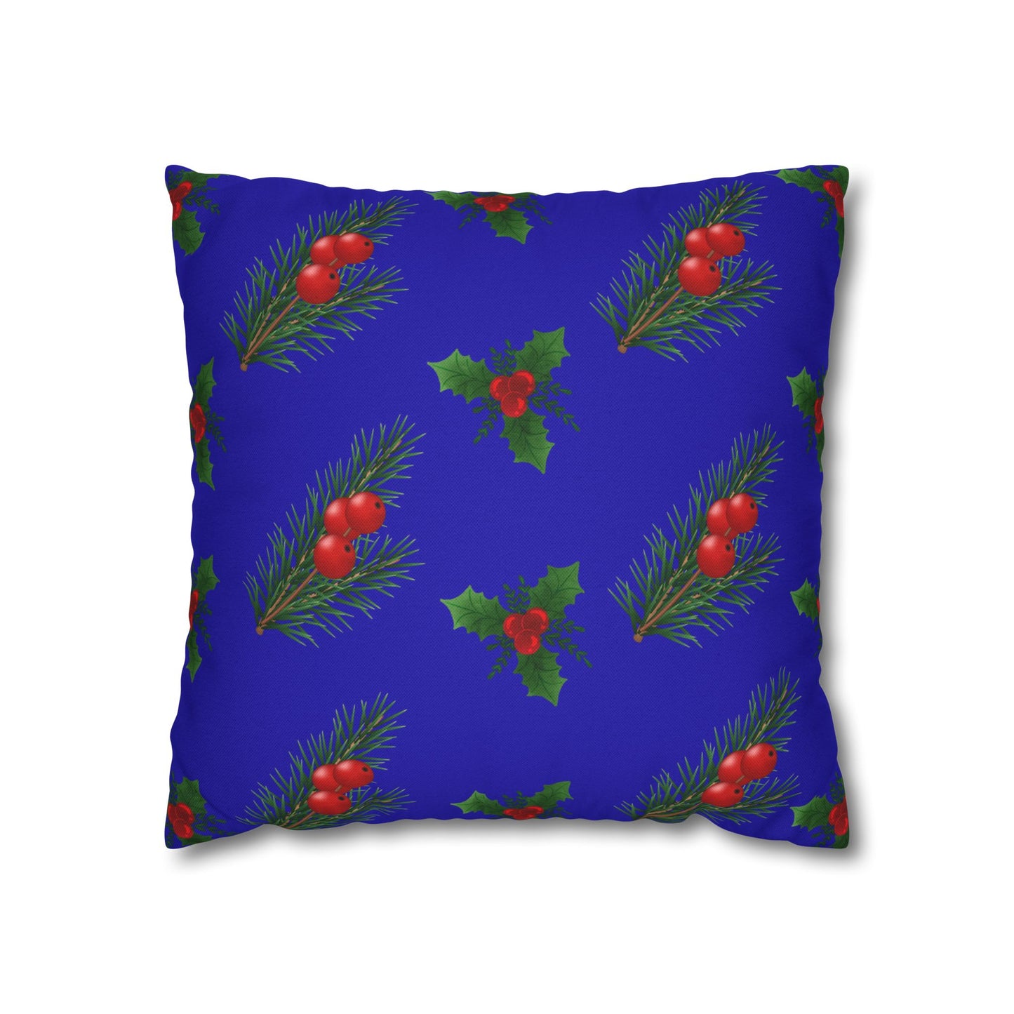 Holiday Holly & Pine Square Pillowcase — Festive Blue Christmas Throw Pillow Cover