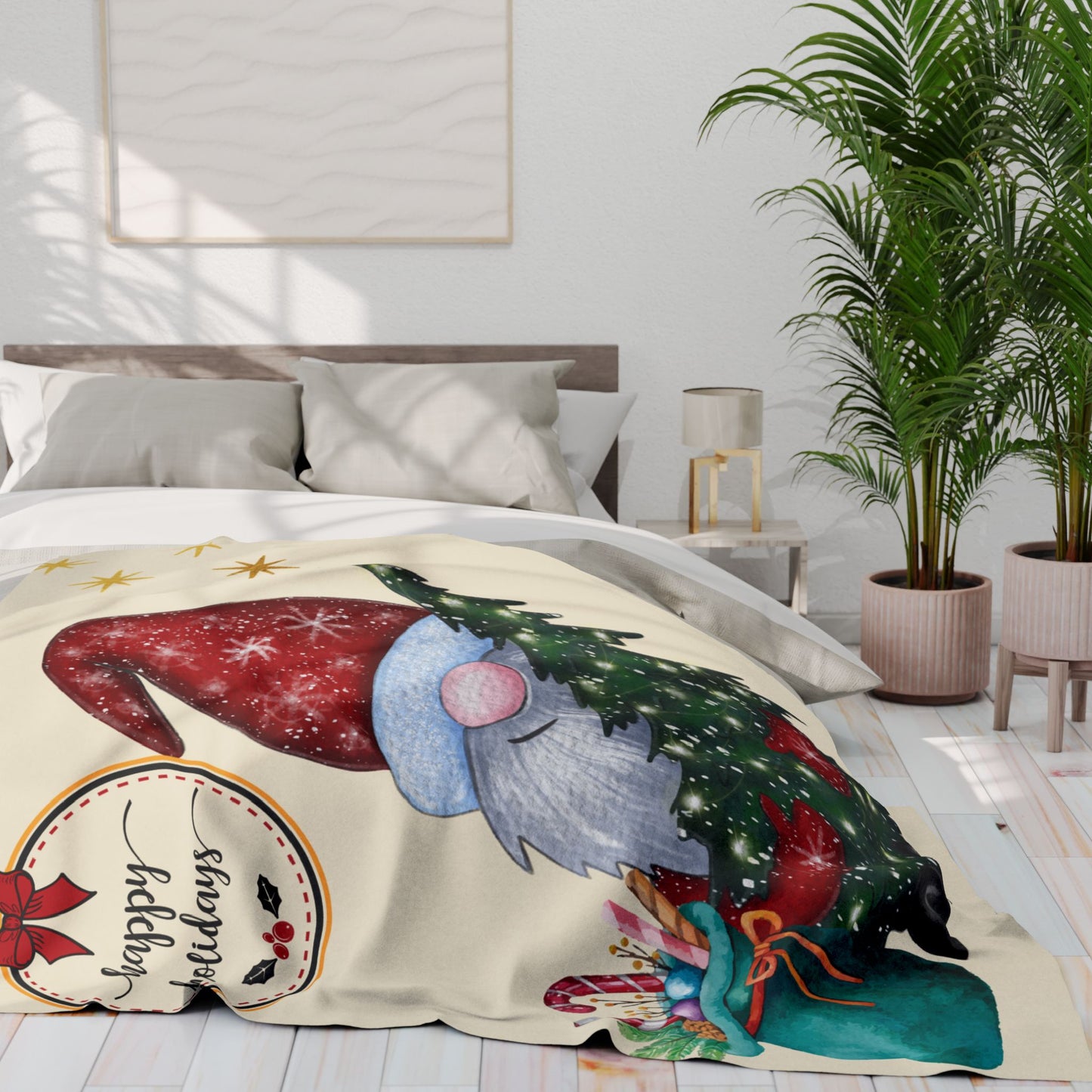 Cozy Holiday Fleece Blanket with Gnome Design | Winter Home Decor, Gift for Christmas, Snuggle Throw, Festive Soft Cover