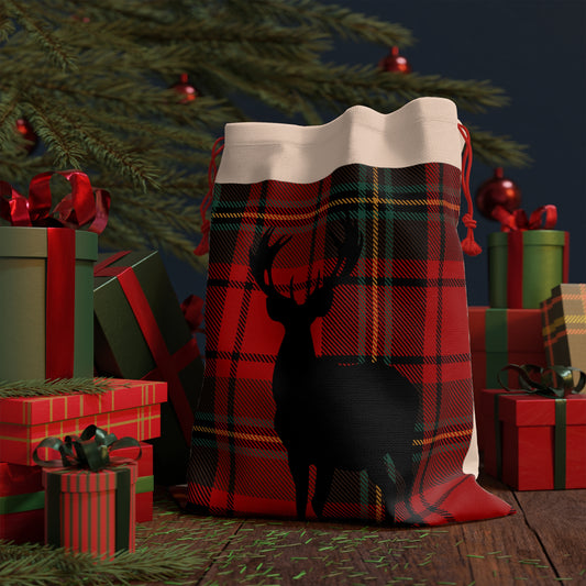 Plaid Reindeer Drawstring Gift Bag – Rustic Christmas Holiday Favor Sack