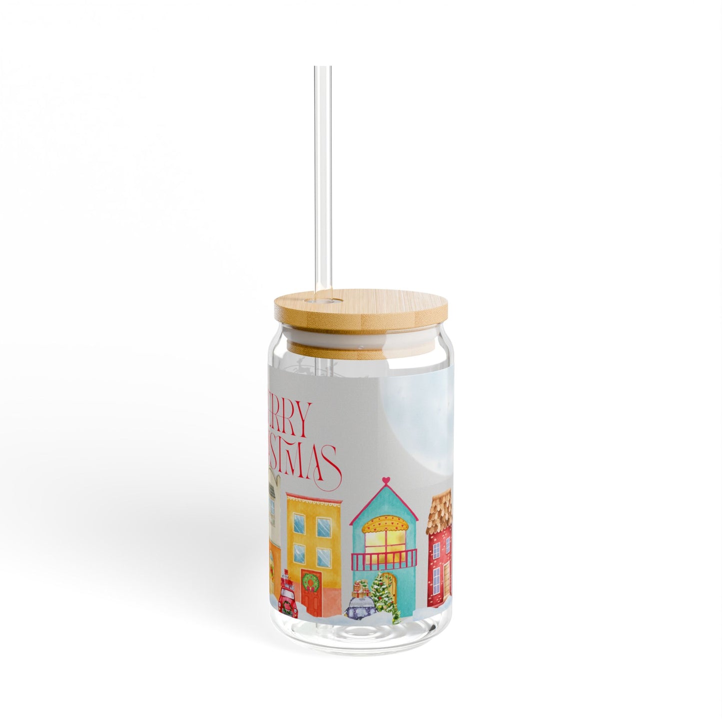 Festive Sipper Glass with Straw, Merry Christmas Holiday Drinkware, Unique Gift for Christmas, Cozy Kitchen Decor, 16oz Glass Tumbler