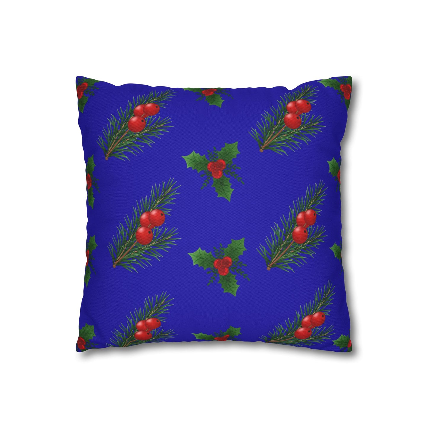 Holiday Holly & Pine Square Pillowcase — Festive Blue Christmas Throw Pillow Cover