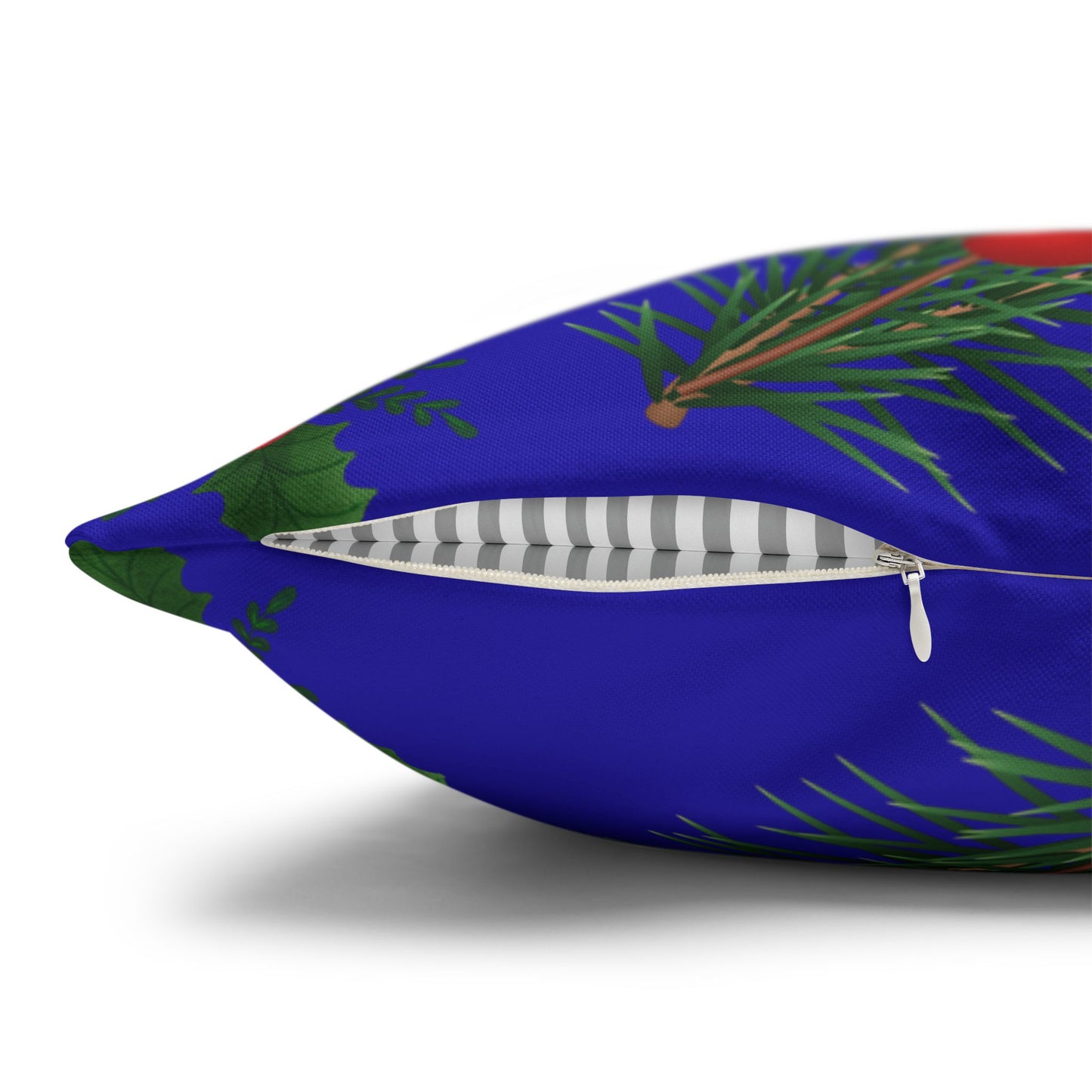 Holiday Holly & Pine Square Pillowcase — Festive Blue Christmas Throw Pillow Cover