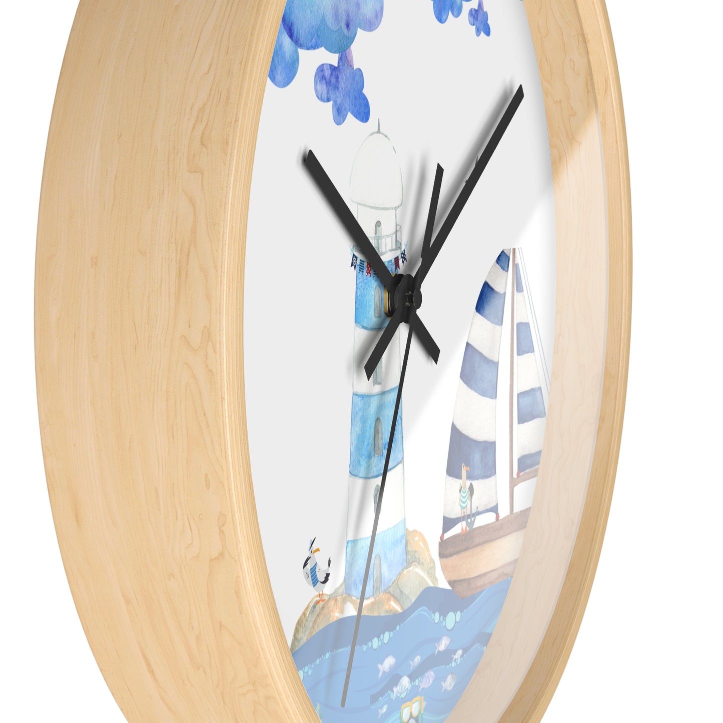 Nautical Wall Clock, Coastal Decor, Beach House Clock, Lighthouse Art, Sailboat Timepiece, Kid's Room Accent