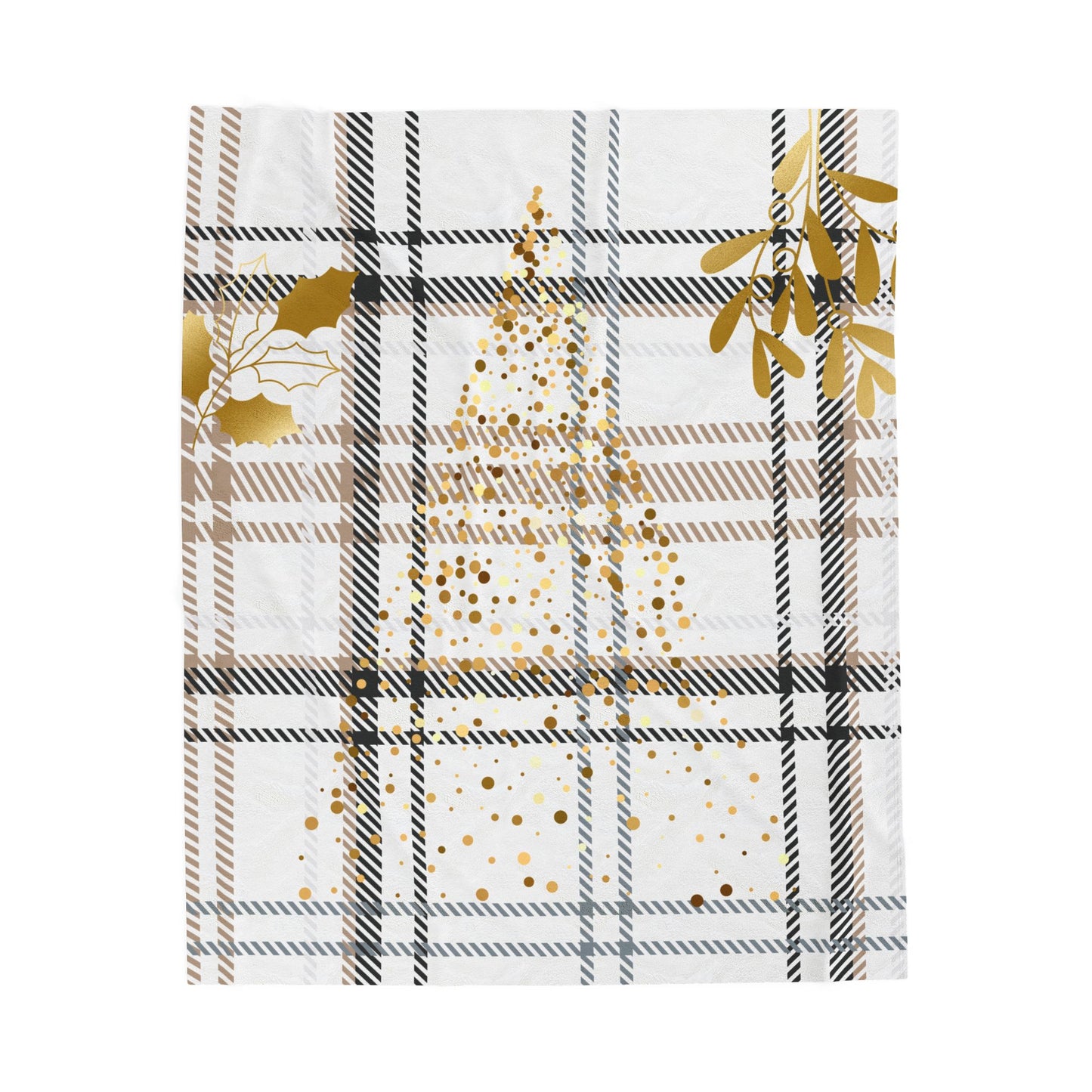 Plaid Gold Mistletoe Velveteen Plush Blanket — Holiday Cozy Throw