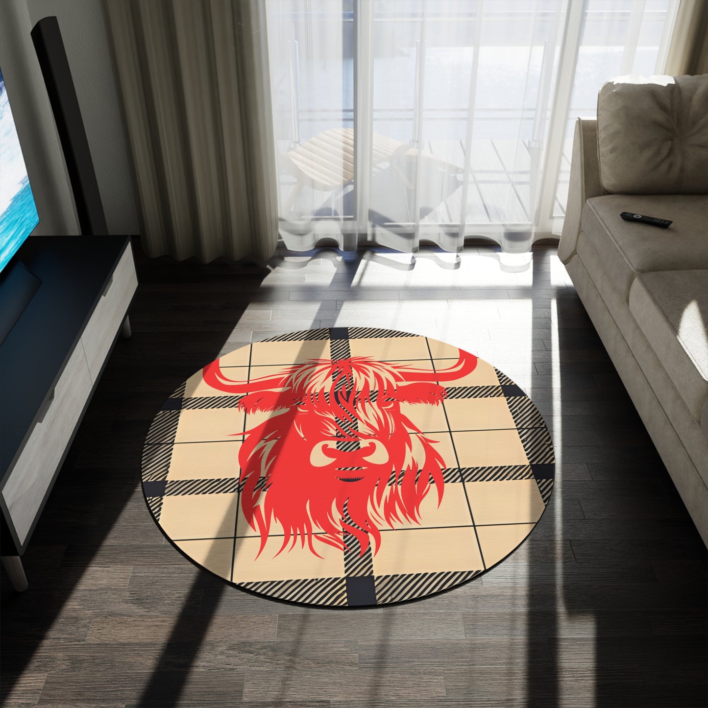 Rustic Highland Cow Round Rug - Farmhouse Decor, Cozy Living Room Accent, Boho Style, Gift for Home Lovers, Unique Area Rug