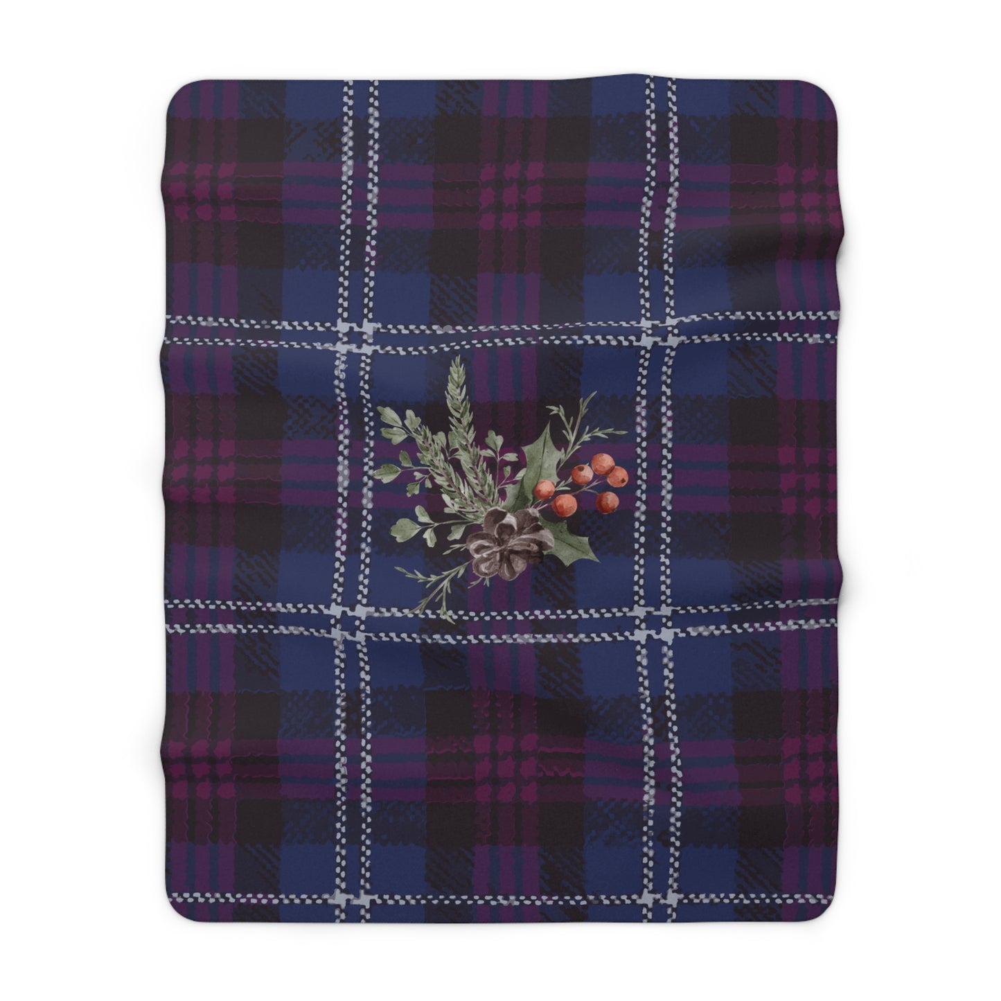 Plaid Floral Sherpa Blanket — Cozy Purple Tartan Throw with Berry Sprig