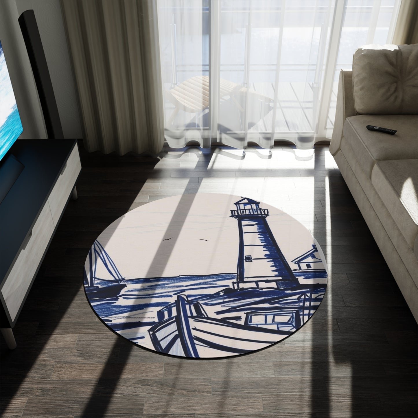 Coastal Lighthouse Round Rug - Nautical Home Décor, Beach House Mat, Living Room Accent, Coastal Themed Gift, Ocean Lover Decor