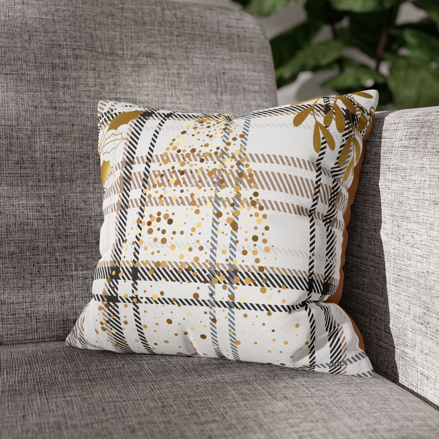 Gold Plaid Decorative Pillowcase — Plaid Throw Pillow Cover with Metallic Heart & Floral Accents