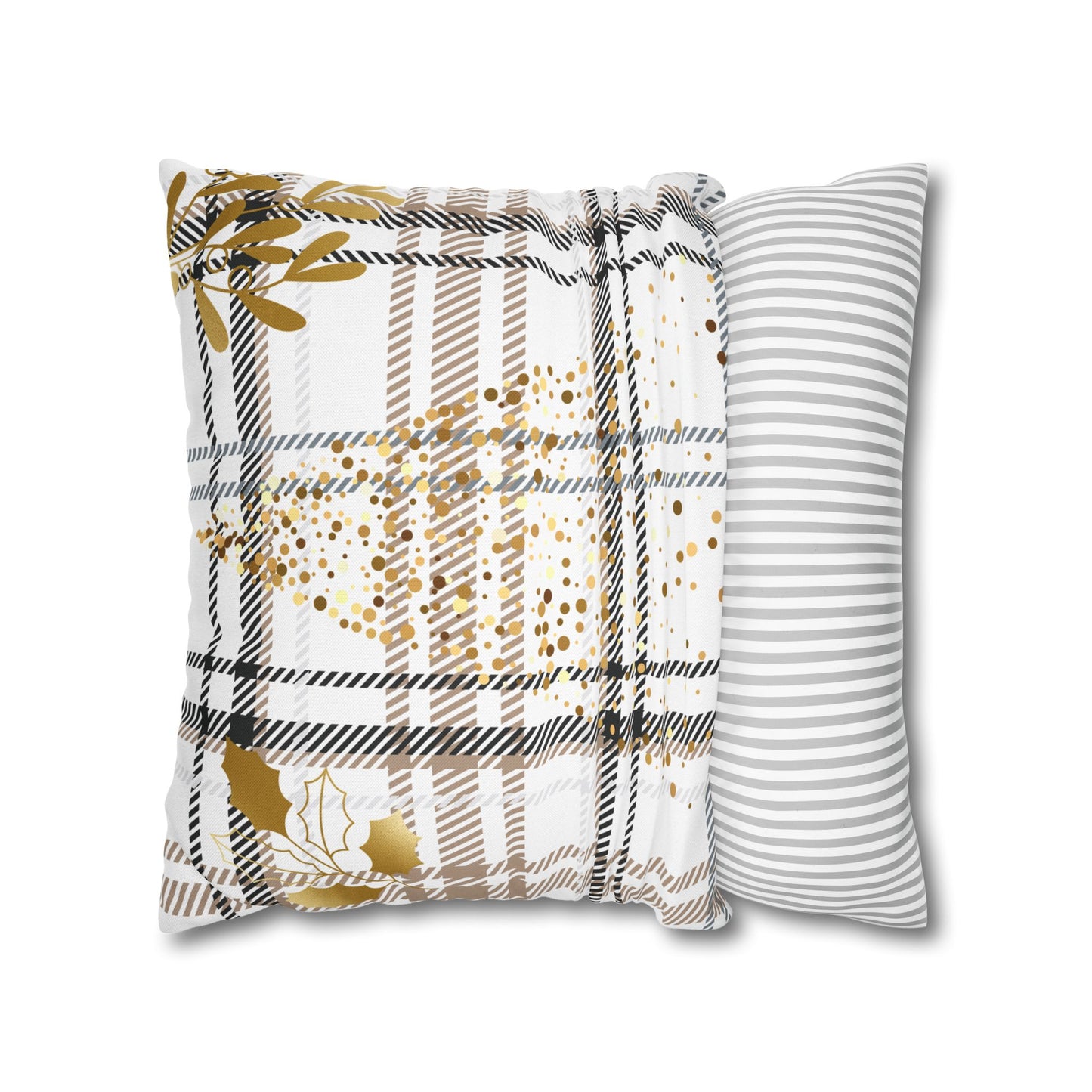 Gold Plaid Decorative Pillowcase — Plaid Throw Pillow Cover with Metallic Heart & Floral Accents