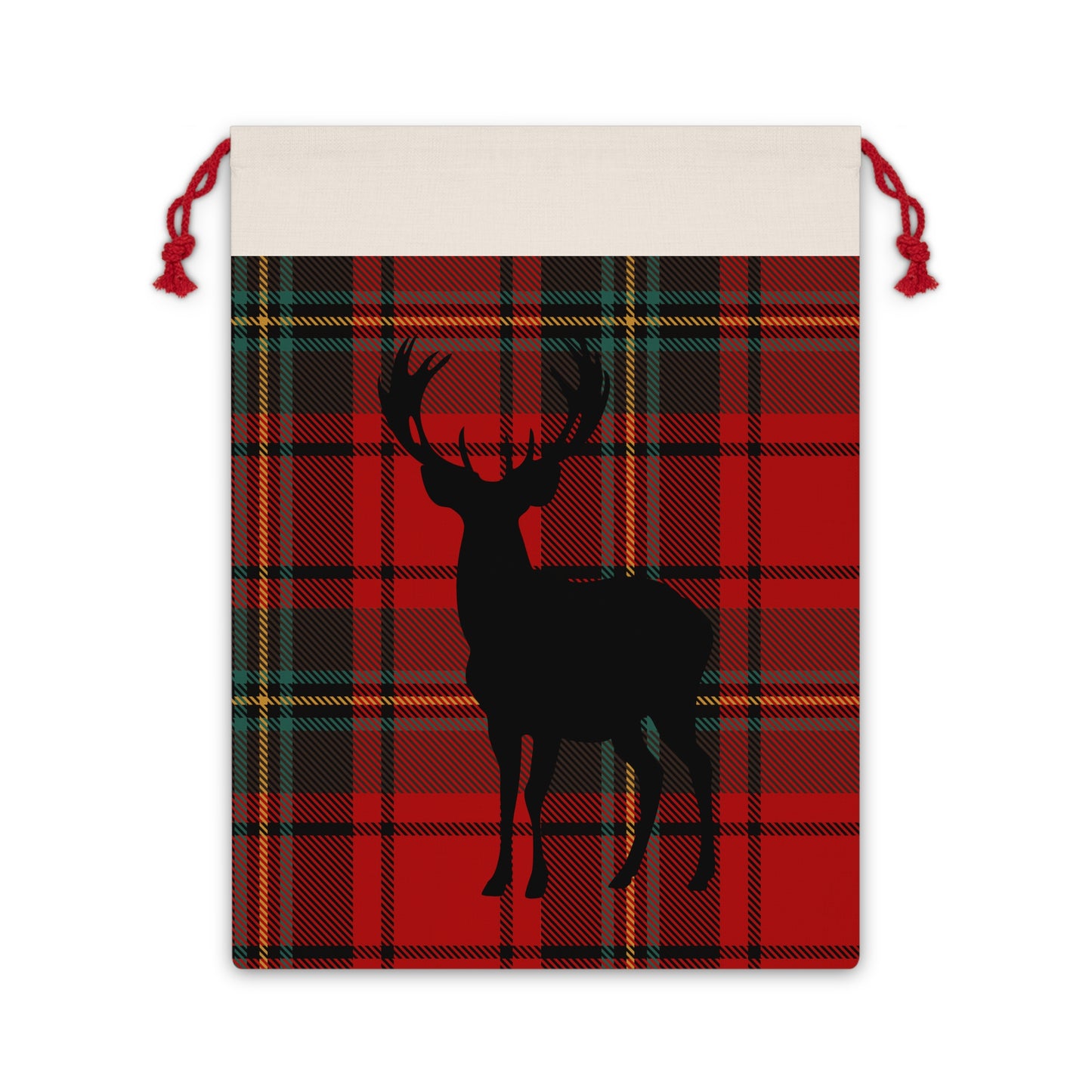 Plaid Reindeer Drawstring Gift Bag – Rustic Christmas Holiday Favor Sack