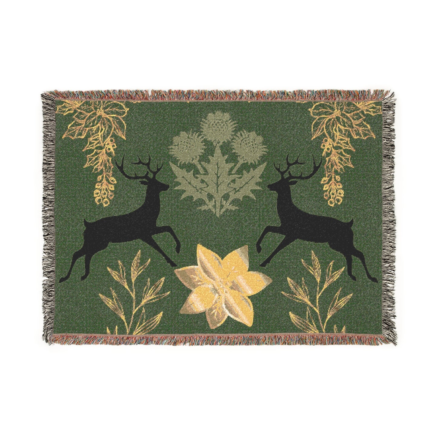 Nature-Inspired Woven Blanket with Floral and Deer Design