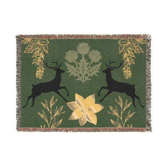 Nature-Inspired Woven Blanket with Floral and Deer Design
