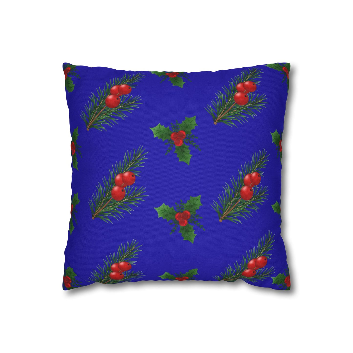 Holiday Holly & Pine Square Pillowcase — Festive Blue Christmas Throw Pillow Cover
