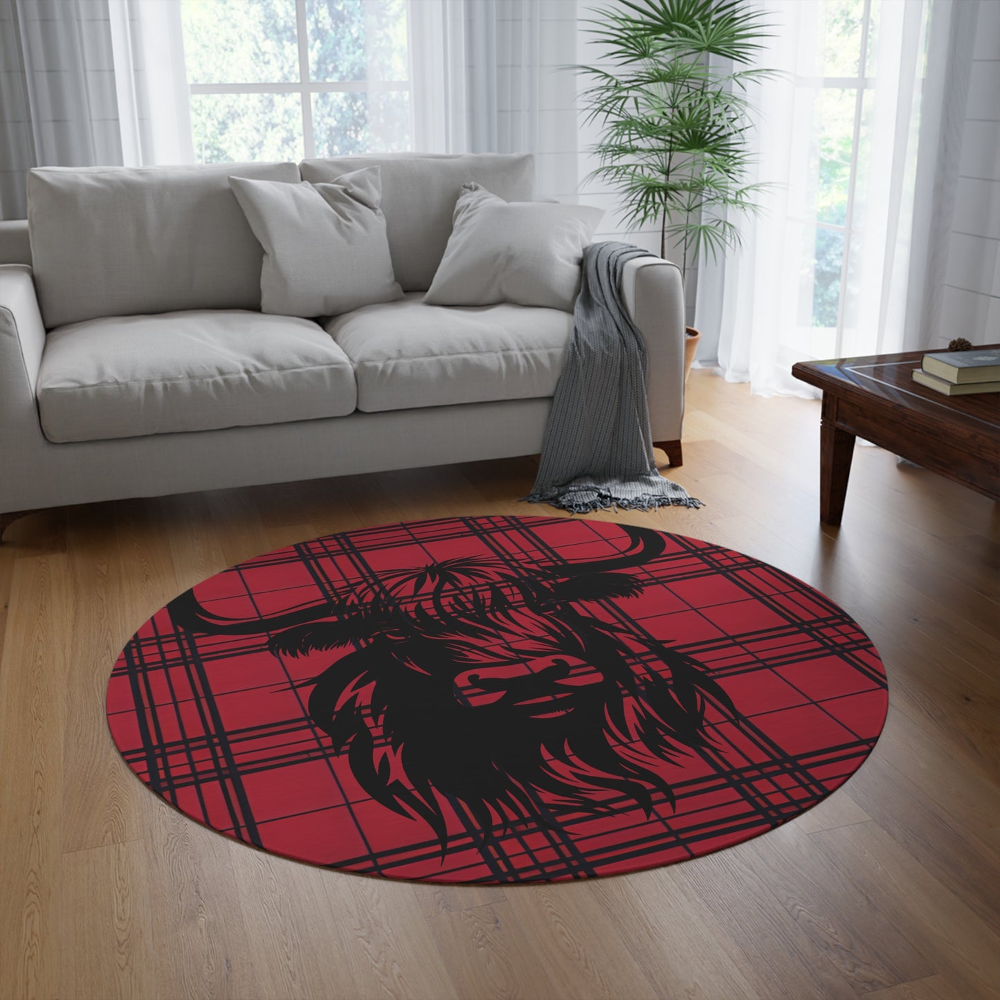 Highland Cow Round Rug, Cozy Floor Mat, Rustic Home Decor, Animal Lover Gift, Boho Chic Rug, Farmhouse Style Decoration