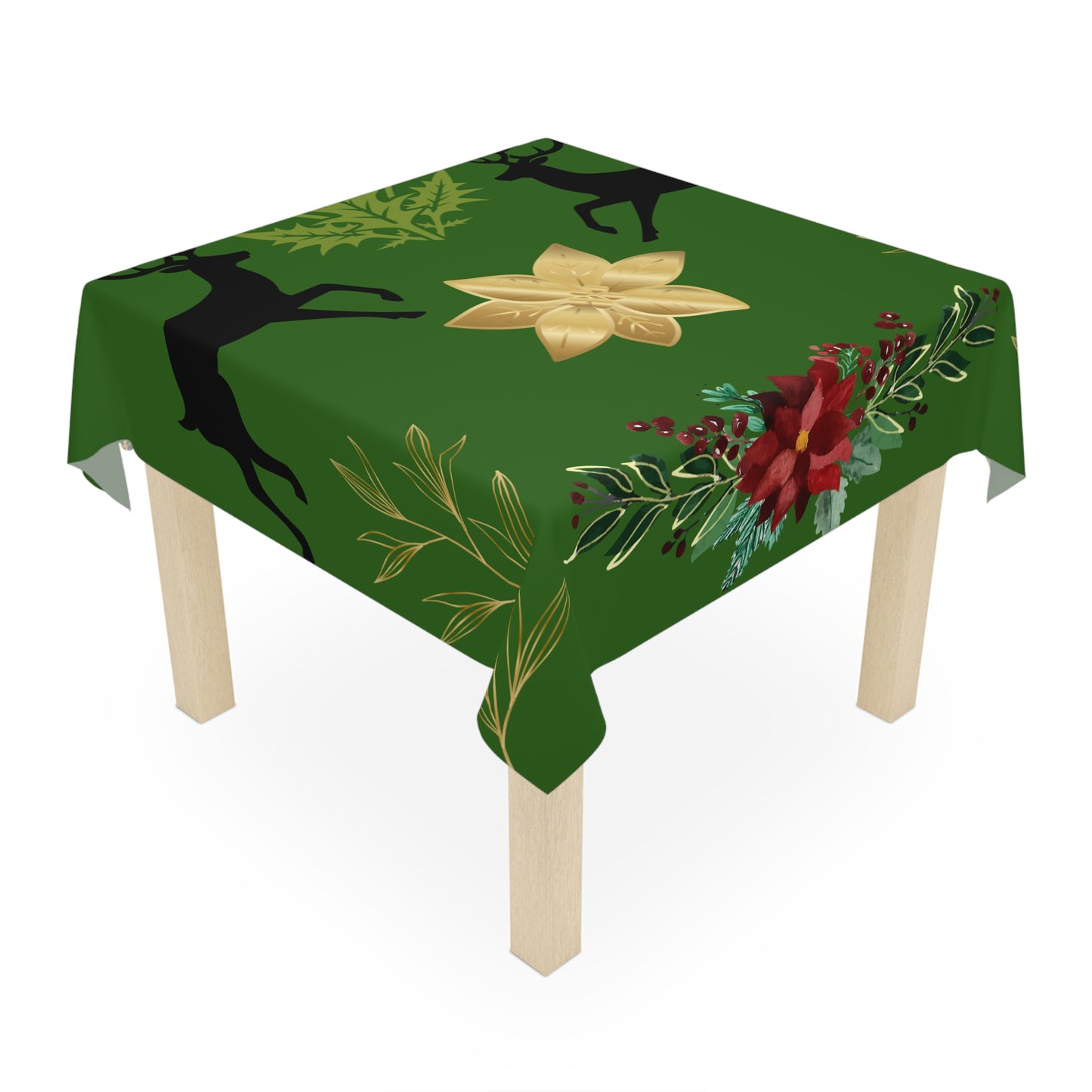 Green Holiday Tablecloth with Reindeer & Gold Poinsettia — Christmas Dining Decor