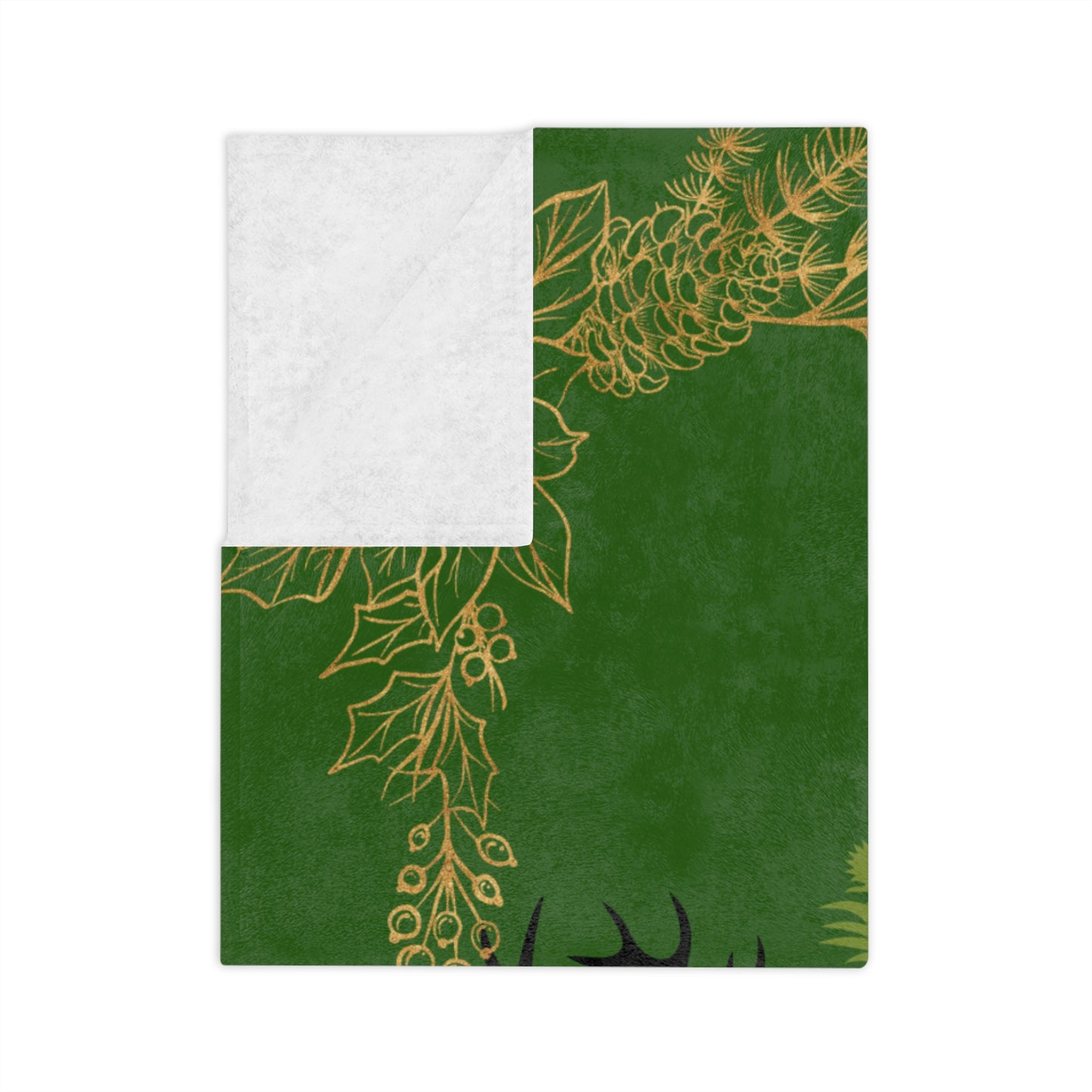 Christmas Reindeer Velvet Throw Blanket — Green Poinsettia Floral Holiday Decor